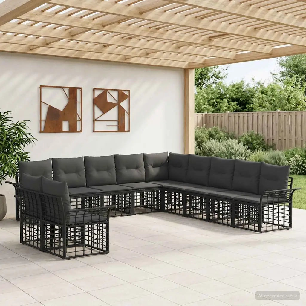 Set di divani da esterno 11 pcs Nero e Grigio scuro Poliestere