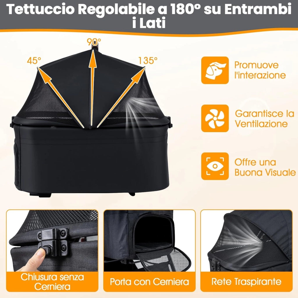 3-in-1 Passeggino per Cani, Carrozzina per Cani Rimovibile Fino a 15 kg con Tetto in Rete Regolabile, Cesto Portaoggetti e Cintura di Sicurezza, Passeggino Portatile per Cagnolino (Nero)