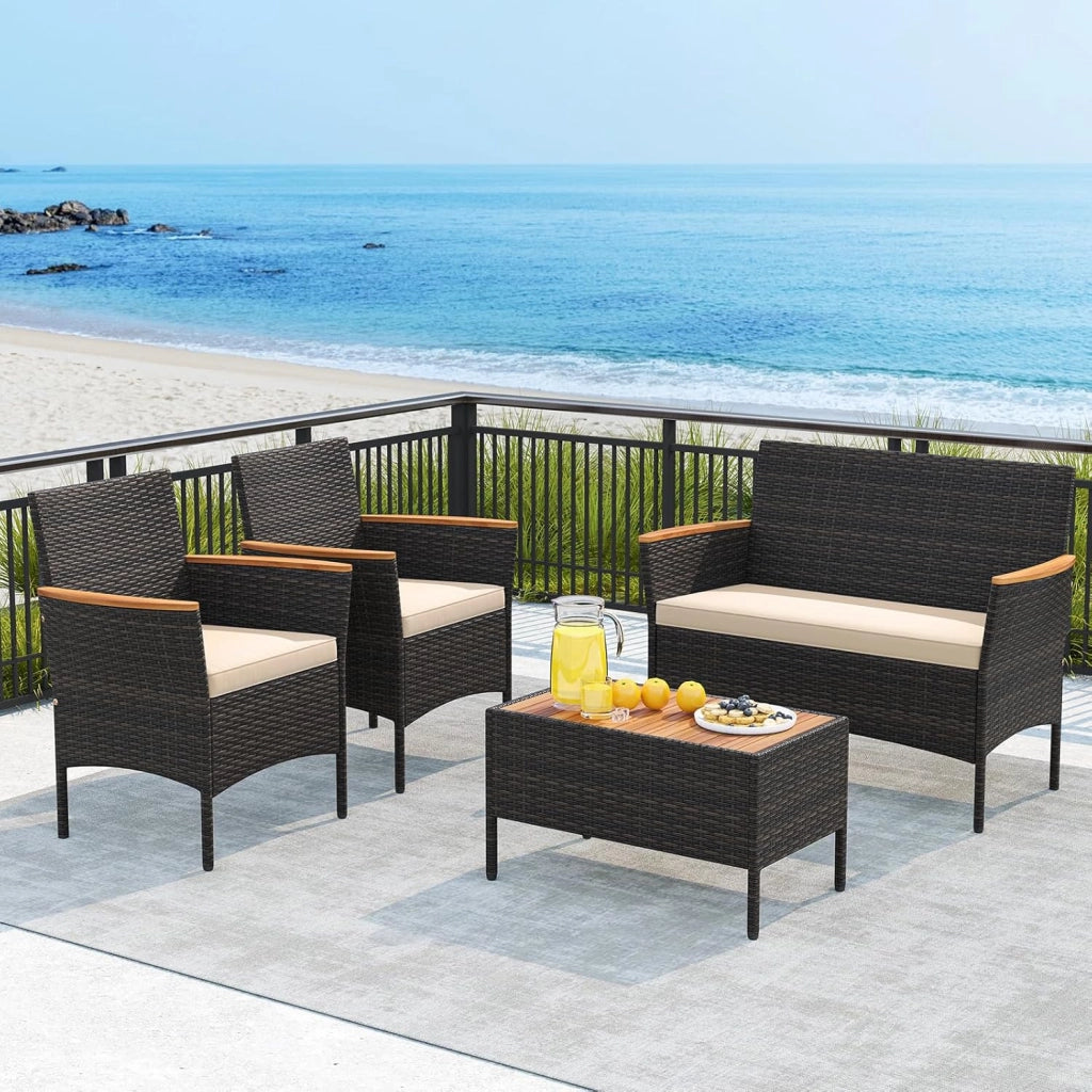 Salotto da Giardino Esterno 4 Pezzi in Rattan, Set da Conversazione da Esterno con 1 Tavolino Basso, 1 Divanetto e 2 Sedie, Cuscini Sfoderabili, per Patio, Balcone, Piscina