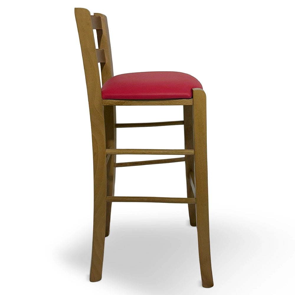 Sgabello in legno noce chiaro con schienale h 66 cm con seduta similpelle rosso
