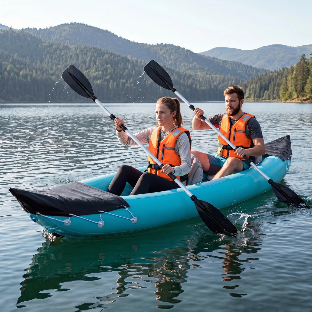 Kayak gonfiabile a 2 posti canoa gonfiabile in pvc con 2 sedili imbottiti pompa a pedale, Kayak con 2 pagaie in alluminio da pesca portatile