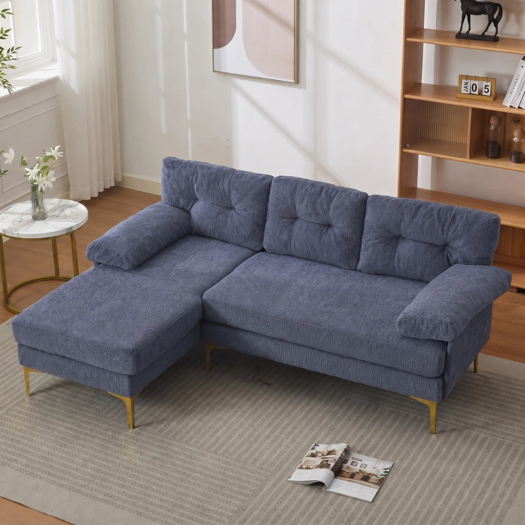Divano angolare 3 posti convertibile con chaise longue reversibile e braccioli imbottiti in tessuto ciniglia blu 187.5 × 130 × 79 cm