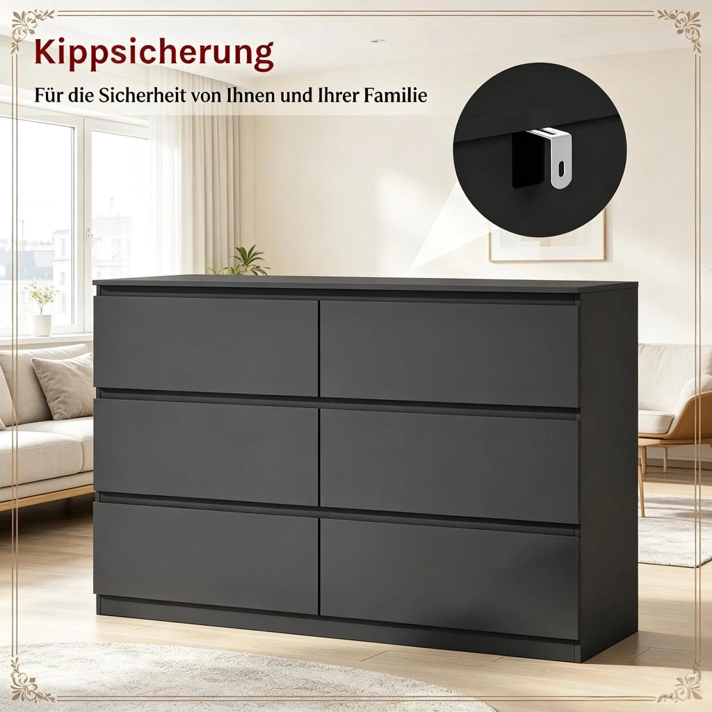 Credenza con 6 cassetti, per soggiorno e camera da letto, in legno ingegnerizzato, nero, 120 × 40 × 75 cm