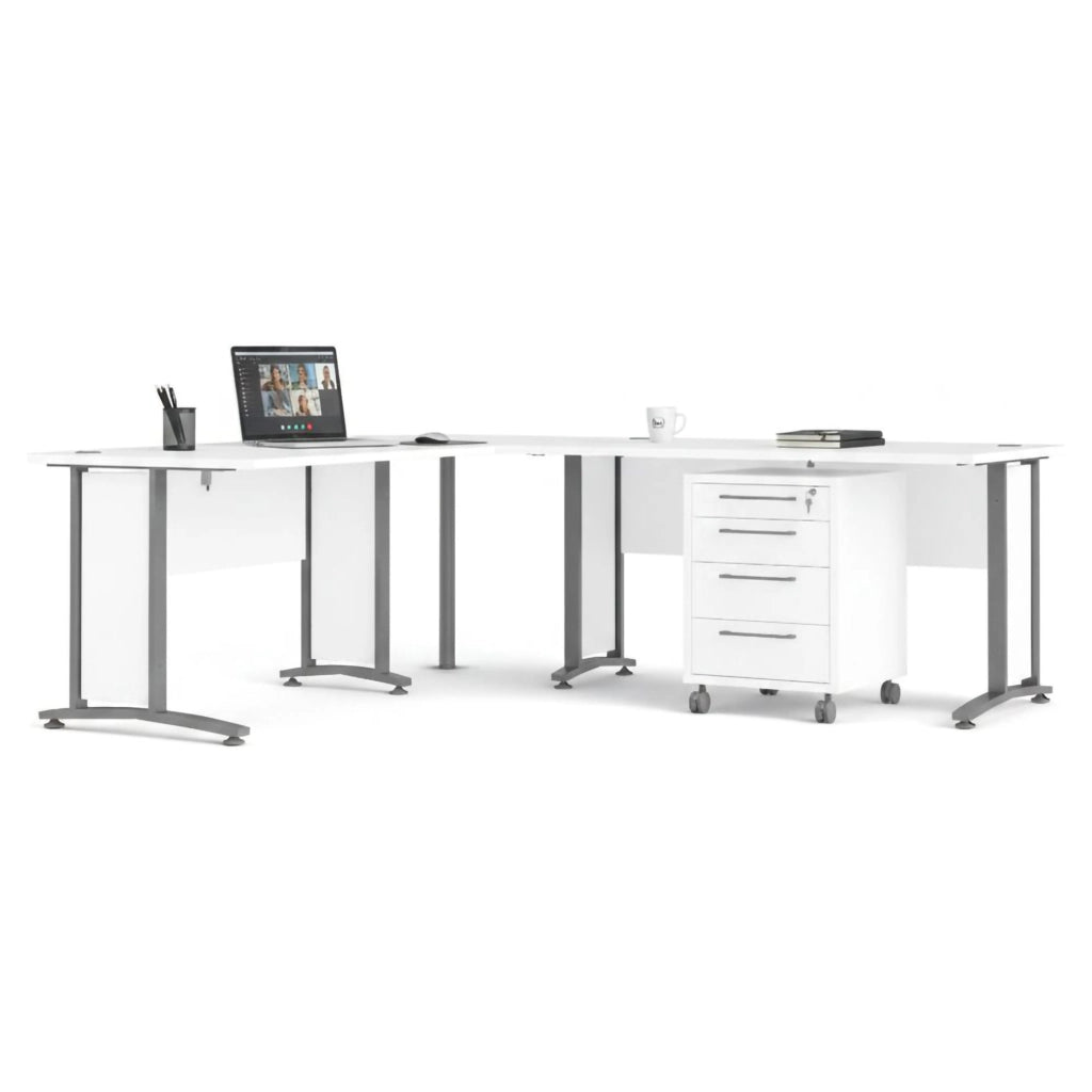 Scrivania Megh, Scrittoio multiuso, Tavolo per ufficio porta PC, Piano di lavoro, 230x200 h75 cm, Bianco e Grigio