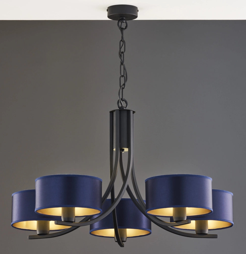 Lampadario nero a catena 5xE27 paralumi blu Jupiter