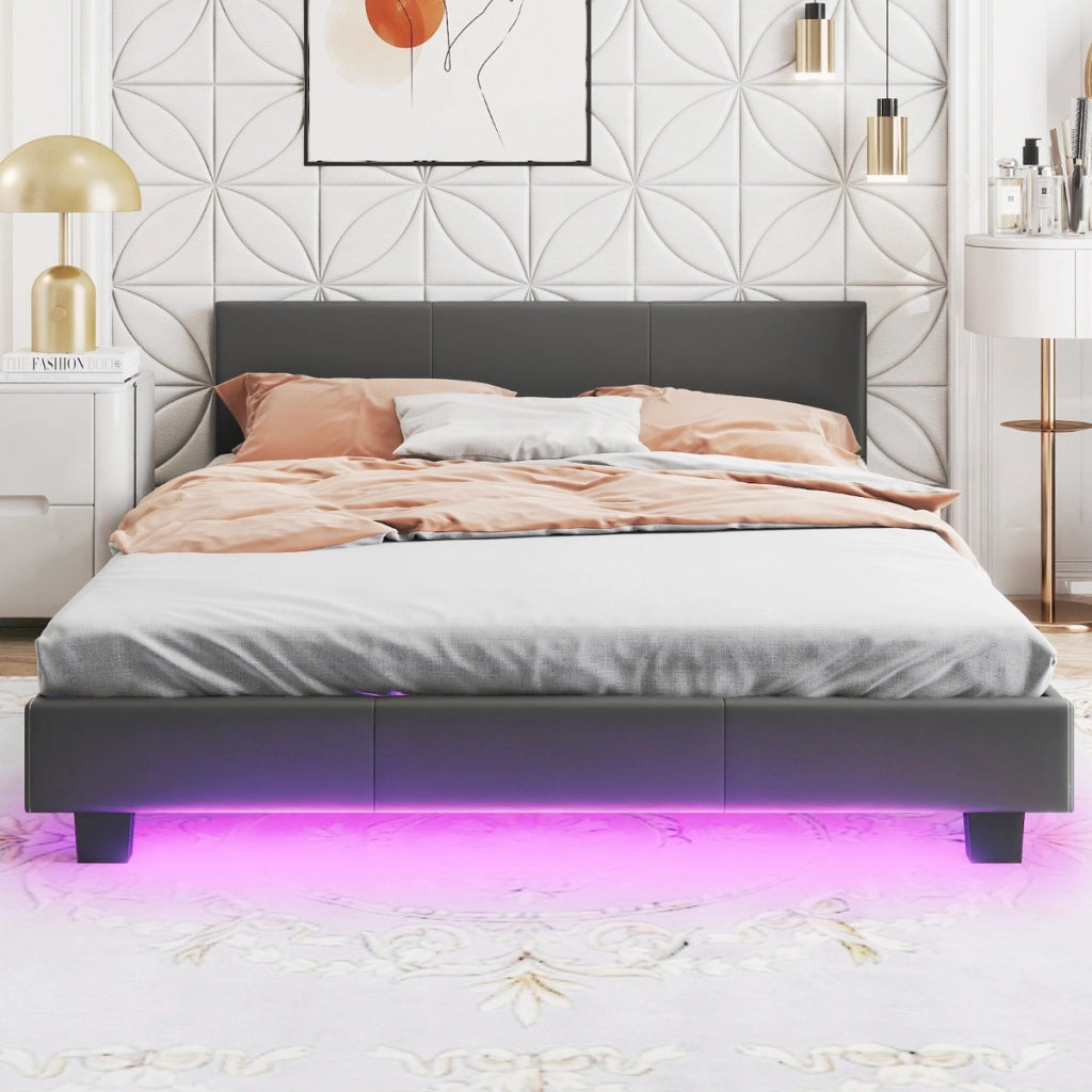 Struttura moderna per letto matrimoniale con telecomando-Letto a piattaforma imbottito supporto a listoni Grigio