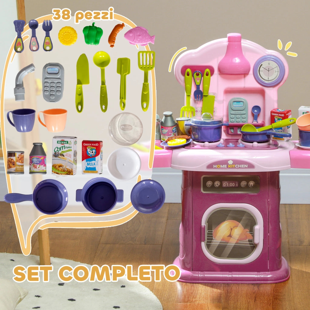 Cucina Giocattolo per Bambini 3-6 Anni con 38 Accessori e Suoni Realistici, in PP e ABS, 51x21x60 cm, Rosa