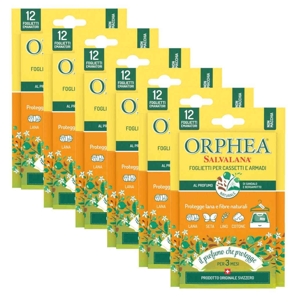 Orphea Salvalana Foglietti Cassetti e Armadi, Agisce per 12 Settimane, 6 x 12 Foglietti, Sandalo e Bergamotto
