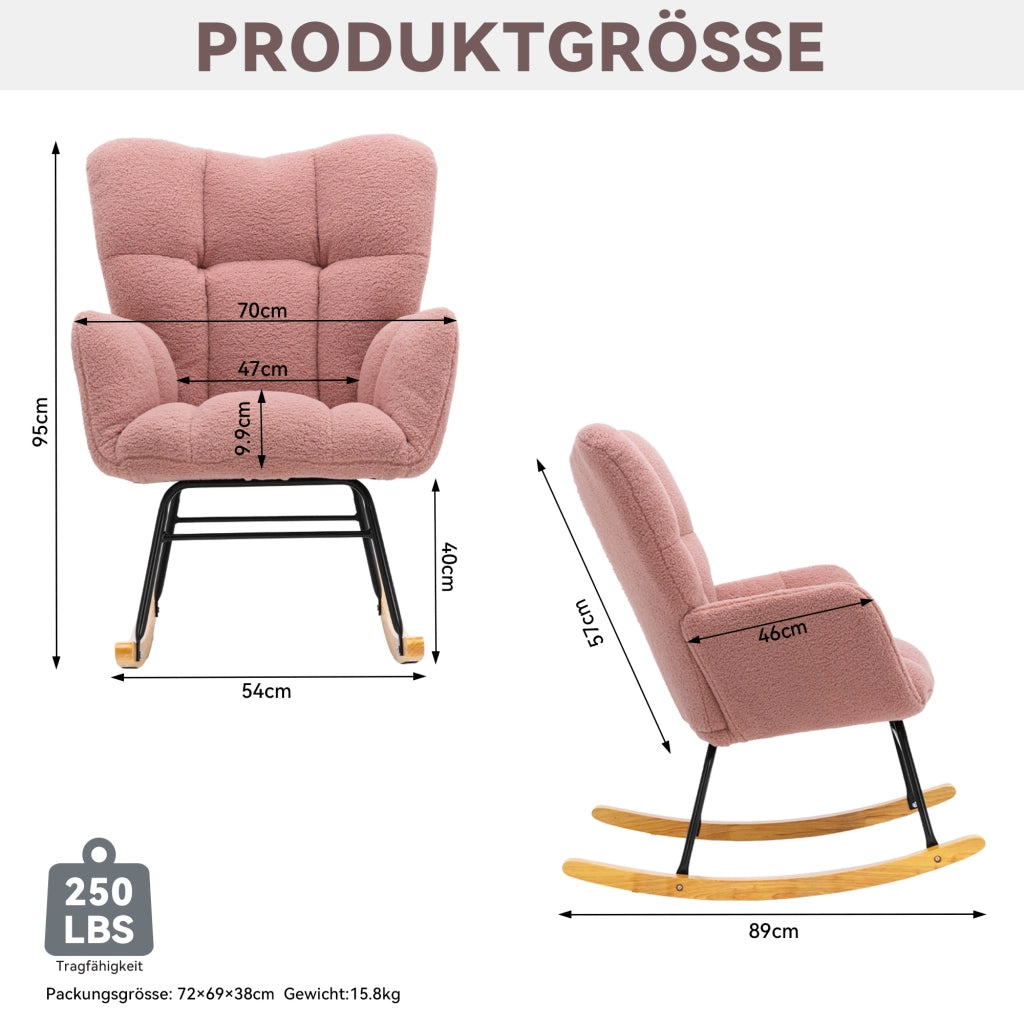 OKWISH Sedia a Dondolo, Schienale Alto Ergonomico e Braccioli Imbottiti, Base Silenziosa, Tessuto Teddy, Rosa