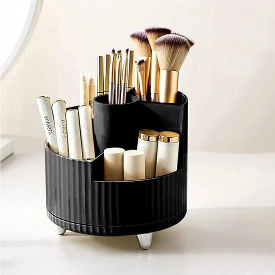 Organizzatore cosmétici a 360° di rotazione con organizzatore pennelli e contenitore per matite per labbra multifunzionale per la camera da letto, la doccia o la scrivania in legno nero