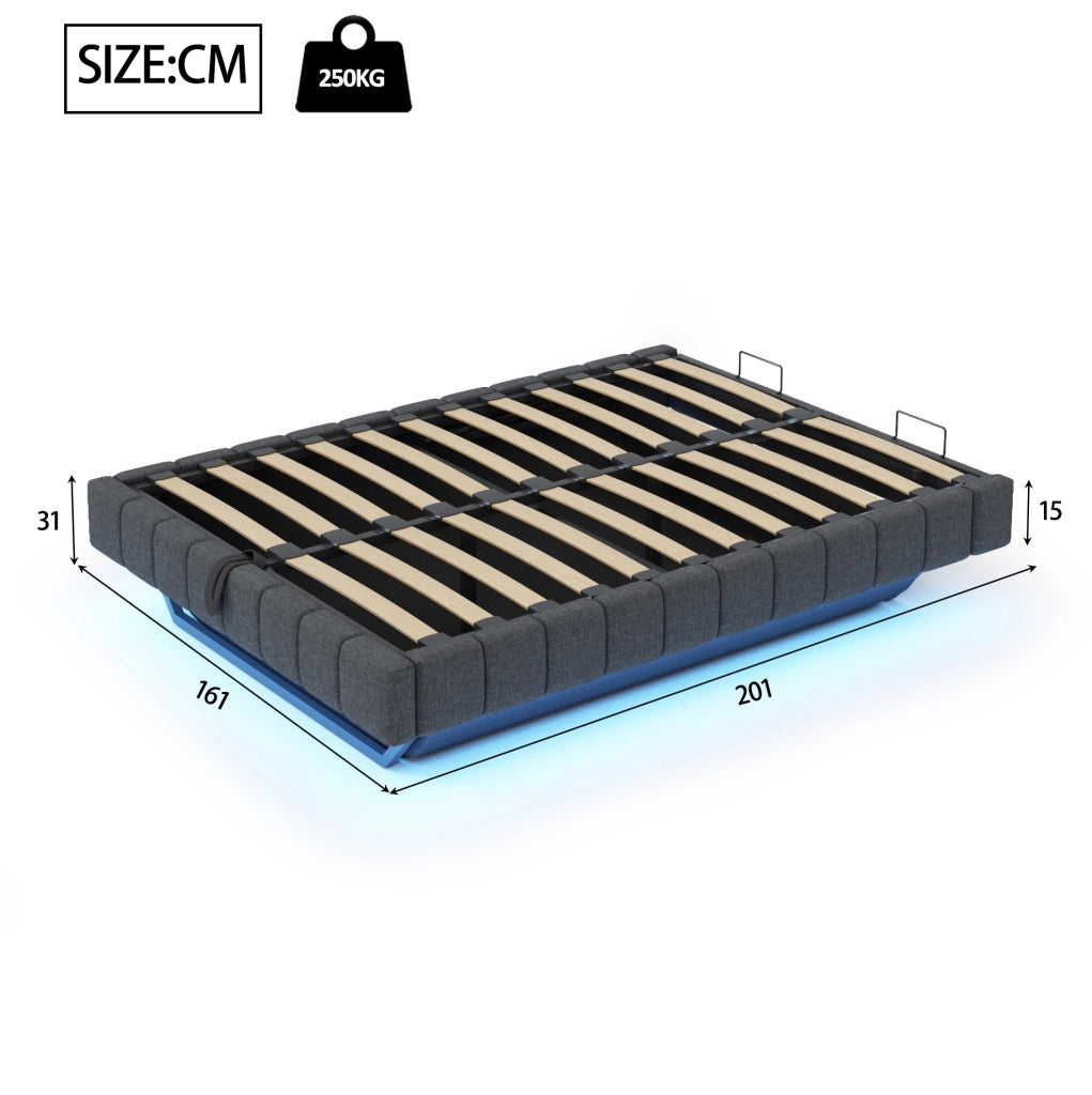 Letto imbottito 160x200 cm con effetto sospeso; contenitore e luci LED; grigio