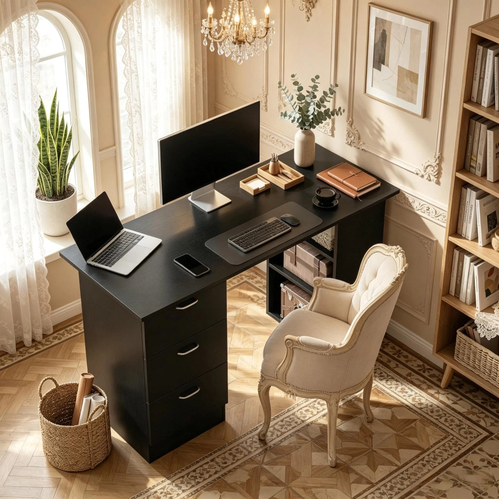 SCRIVANIA Computer 120x49x72 cm MDF Nero con 3 ripiani e 3 cassetti