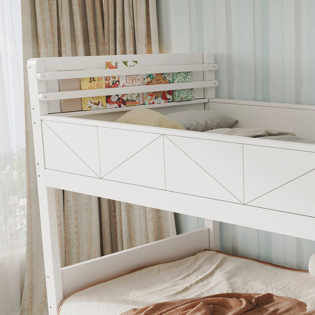 Letto a castello per bambini 90x200 cm con scala contenitore, vani portaoggetti sotto il letto, sponde di sicurezza alte e libreria, legno bianco