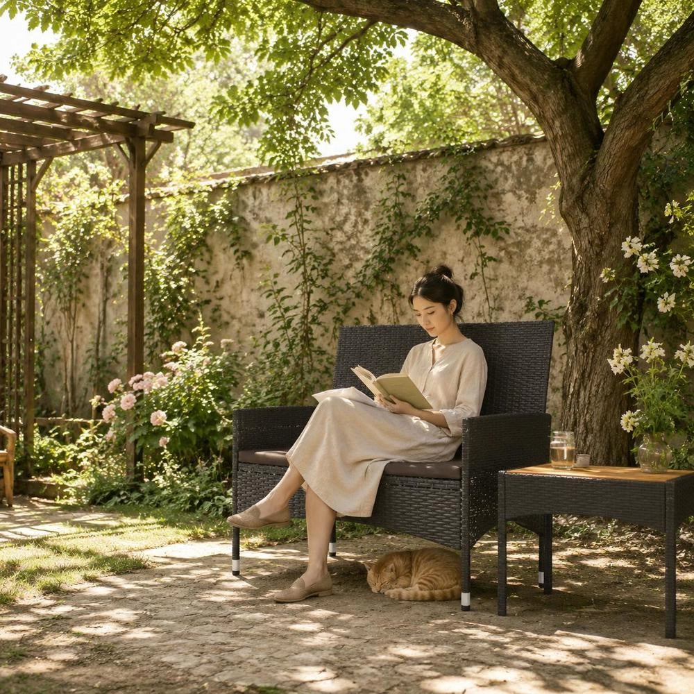 2-seater Garden Bench With Cushions, Black Poly Rattan