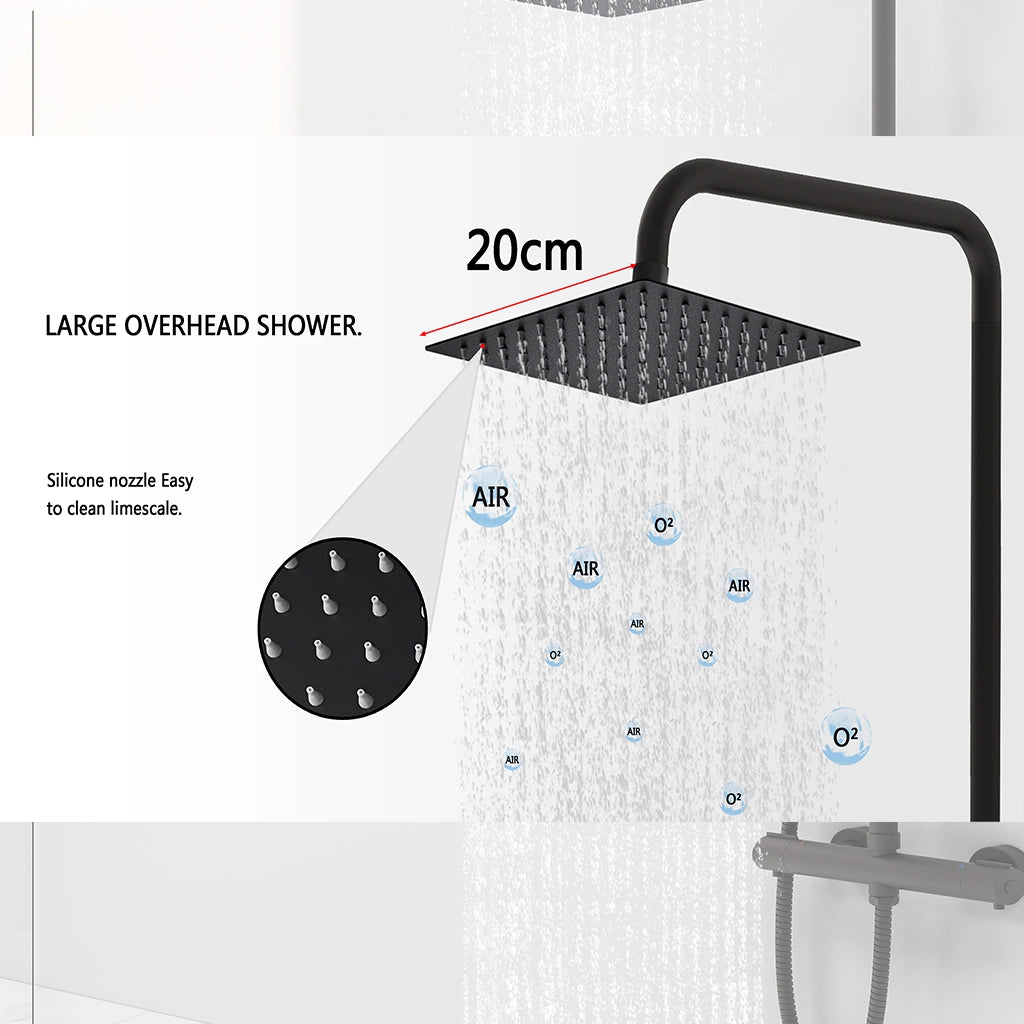 AICAIT Colonna doccia rotonda con soffione quadrato 20x20cm in acciaio inox nero, sistema doccia a 38℃ antiscottature