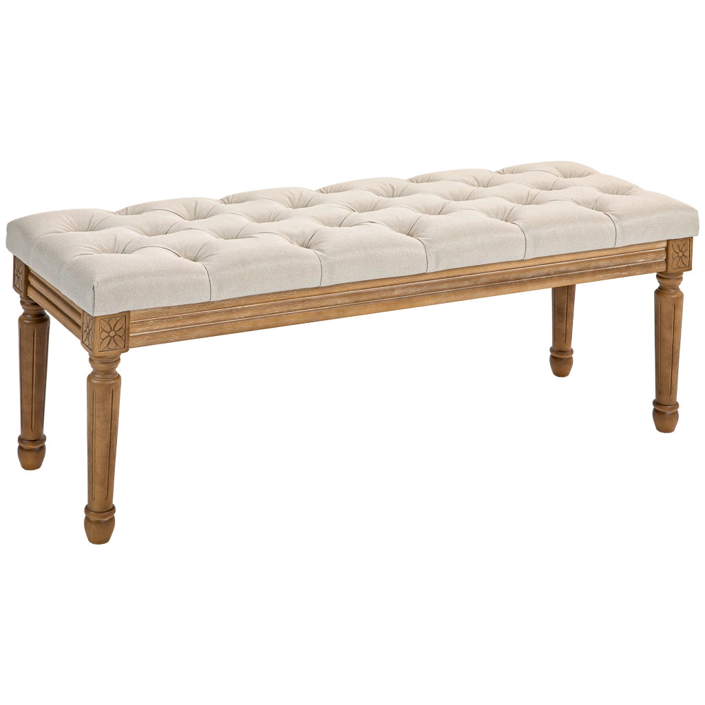 Panca imbottita Panca da letto con gambe in legno e design capitonné in poliestere Crema