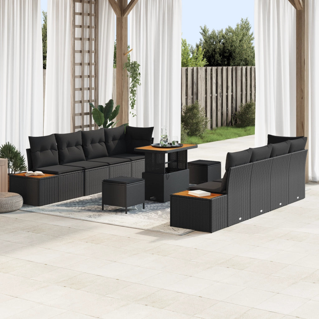 Set di 11 Pezzi da Giardino con Cuscini in Nero Polyrattan