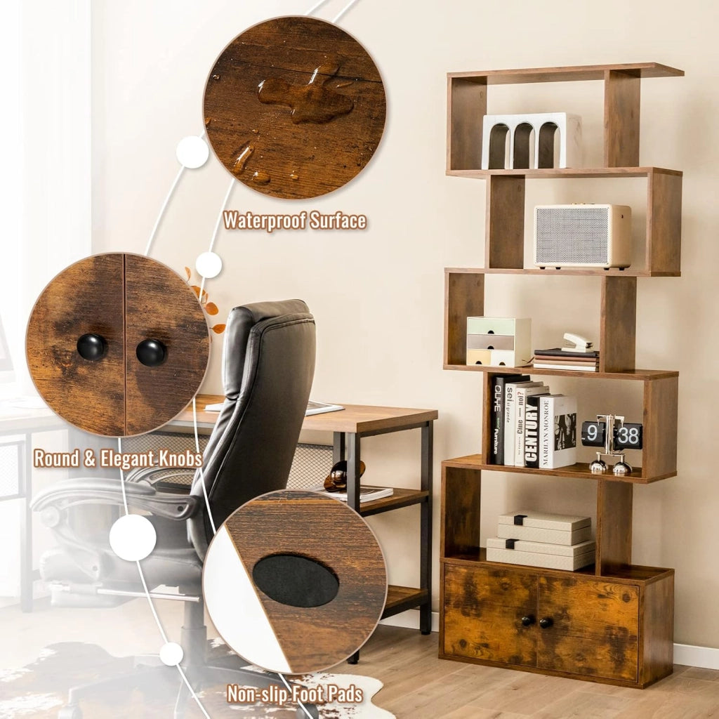 Scaffale a 6 Ripiani con cassetto, Libreria Autoportante, Scaffale da Terra, Design Moderno, 70 x 23 x 183 cm, Bianco/Marrone/Nero (Marrone)