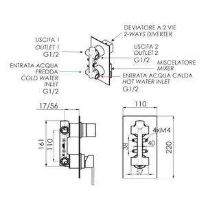 Miscelatore monocomando per doccia con deviatore a 2 posizioni, su piastra unica