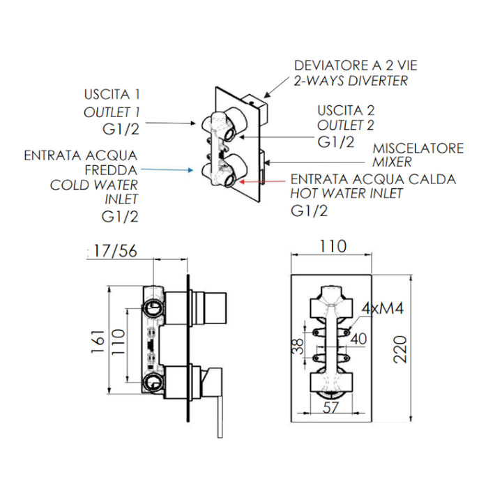 Miscelatore monocomando per doccia con deviatore a 2 posizioni, su piastra unica