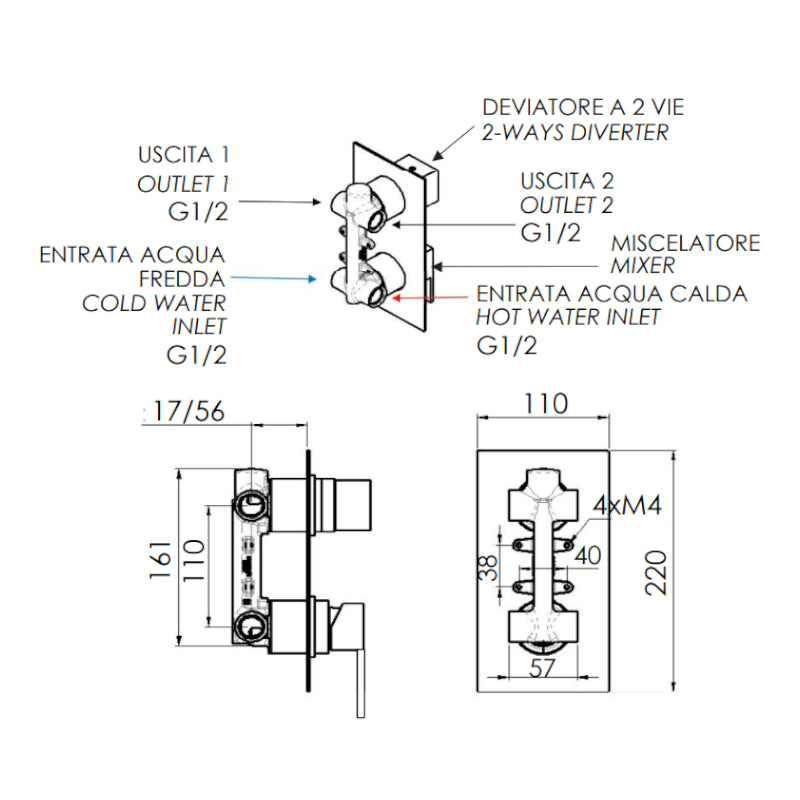 Miscelatore monocomando per doccia con deviatore a 2 posizioni, su piastra unica