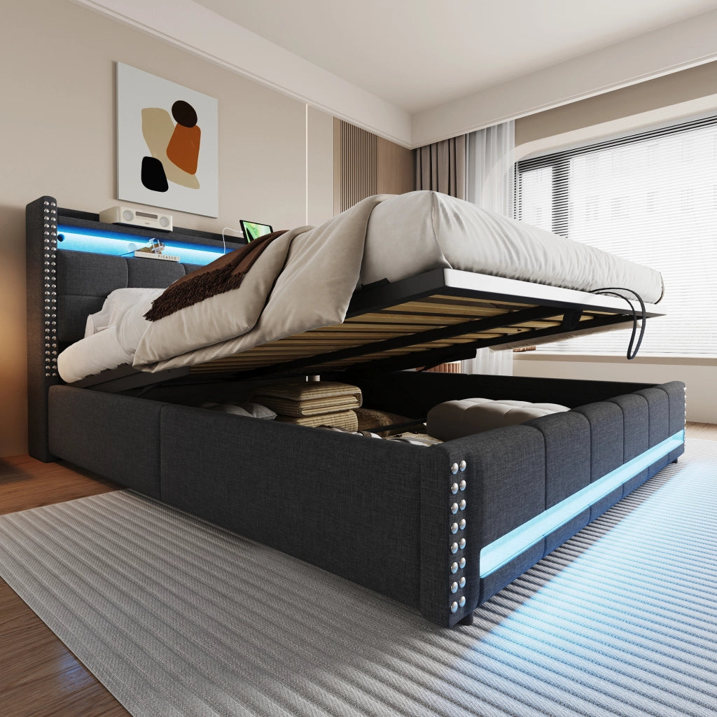 Letto imbottito matrimoniale 180x200 cm con LED, presa USB e contenitore idraulico, grigio