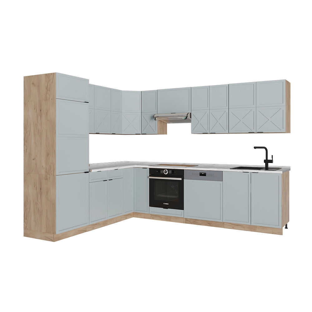 Cucina angolare completa Fame-Line Blu-grigio chiaro/Rovere dorato 227 x 60 cm, PL Marmo Vicco