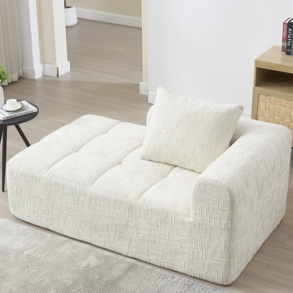Divano chaise longue in ciniglia beige con tasche laterali e cuscino