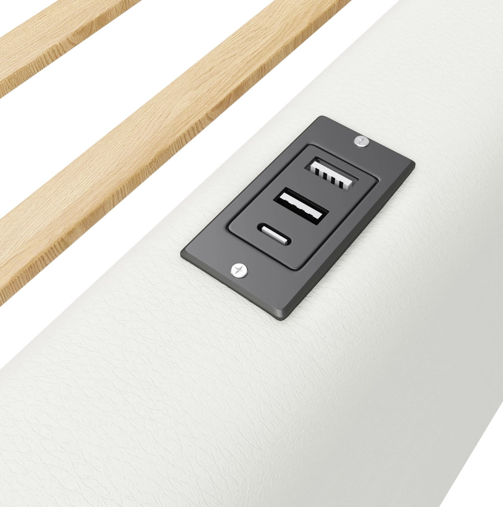 Letto a piattaforma 90x200 cm con sponde imbottite e stazione di ricarica USB/Type-C; bianco