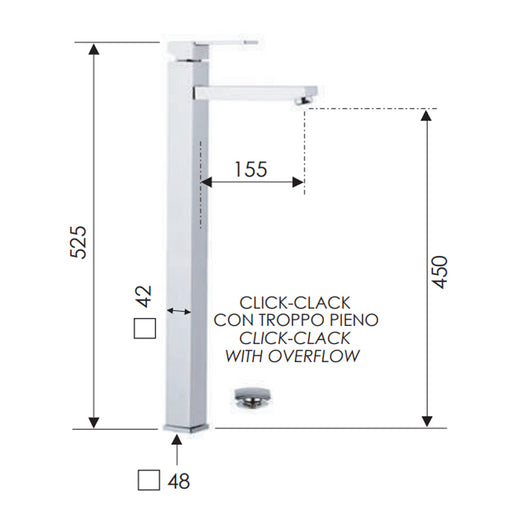 Miscelatore lavabo serie Qubika alto 52,5 cm moderno