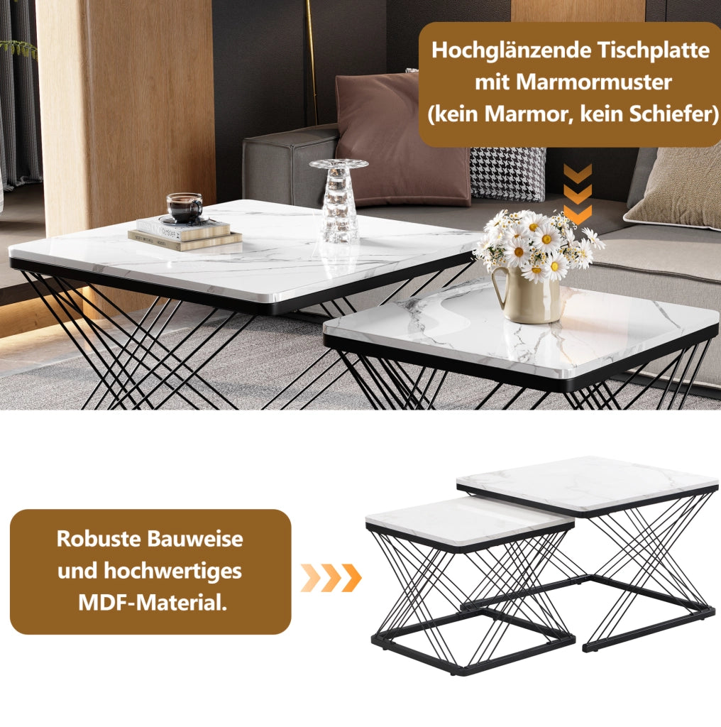 Set di 2 tavolini da caffè quadrati in MDF effetto marmo