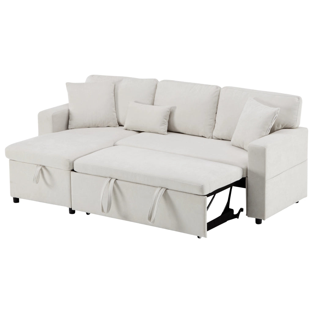 Divano letto angolare 3 posti con USB, contenitore e 3 cuscini, beige