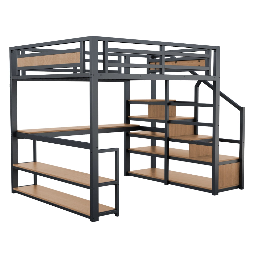 Letto a soppalco 140×200 cm; Matrimoniale con Scala Contenitore; Scrivania e Scaffali; senza Materasso; Nero