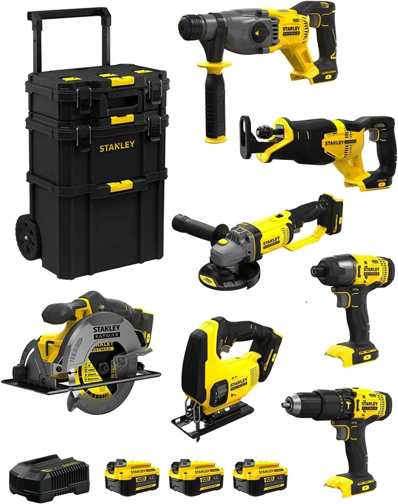 STANLEY FatMax Kit SVK703 (SFMCH900 + SFMCG400 + SFMCD711 + SFMCF800 + SFMCS500 + SFMCS600 + SFMCS300 + 3 Batterie 4,0 Ah + Caricabatteria + Caddy 3in1)