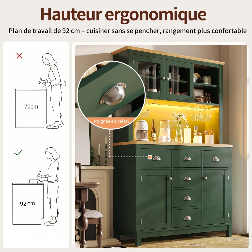 Credenza da Cucina Mobile Contenitore con Spazi di Stivaggio e LED regolabile; in MDF; 104x40x180 cm; Verde