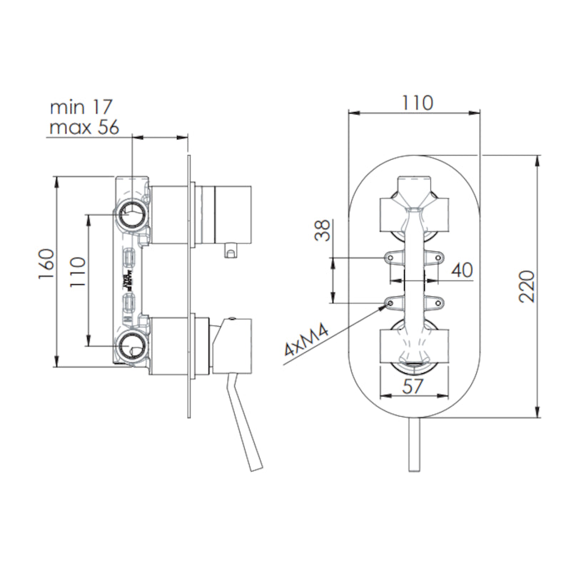 Rubinetto doccia con deviatore a tre vie serie minimal