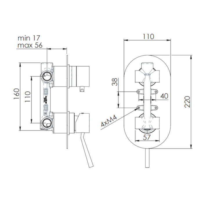 Rubinetto doccia con deviatore a tre vie serie minimal
