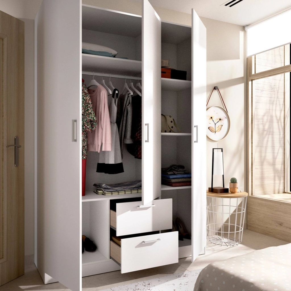 Guardaroba Ales, Mobile appendiabiti per camera da letto, Armadio a 3 ante battenti e 2 cassetti, 150x52h215 cm, Bianco