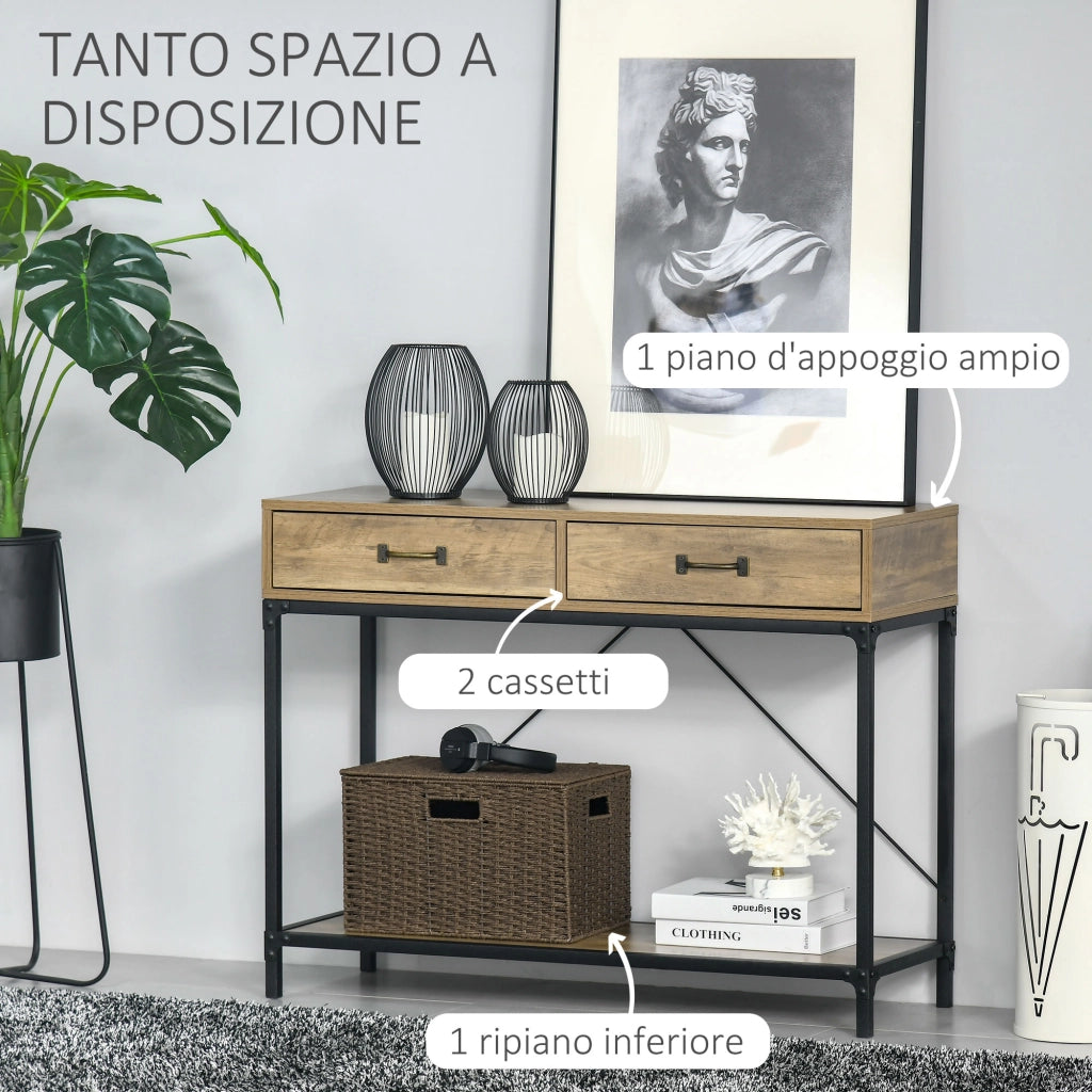 EasyComfort Tavolo Consolle Stile Vintage in Metallo e Legno con 2 Cassetti e Mensola, 100x35x76.5cm, Marrone
