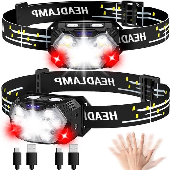 Lampada da Testa Ricaricabile - 2000 Lumen - Luce Rossa - Sensore di Movimento - IPX5 Resistente all'Acqua - Adatta per Bambini e Adulti - Ideale per Campeggiare, Jogging e Pesca