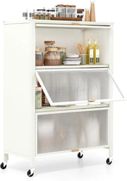 Credenza da Cucina a 4 Livelli, Armadietto Salvaspazio con Ante Ribaltabili e Ruote Bloccabili, Mobilietto Moderno in Metallo per Bagno, Soggiorno, Cucina e Ingresso, 81 x 37 x 115 cm
