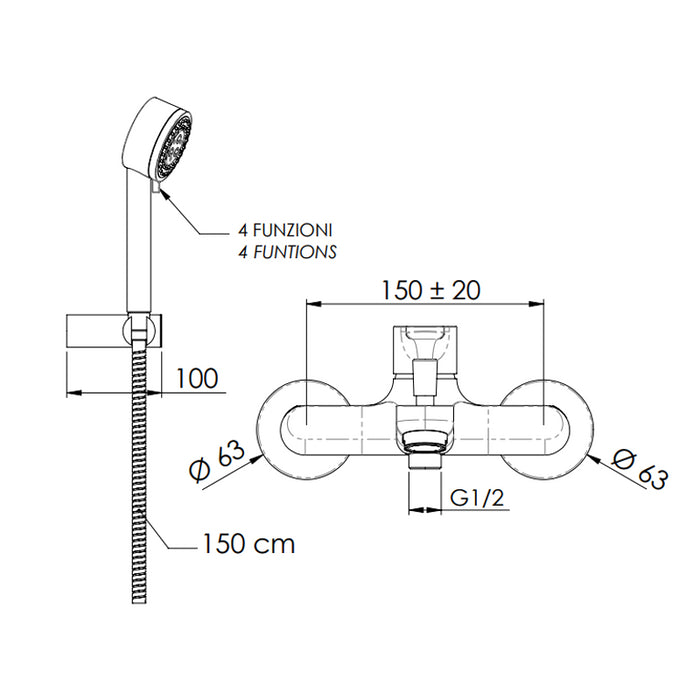 Rubinetto vasca esterno con kit doccia anticalcare a 4 funzioni - serie winner