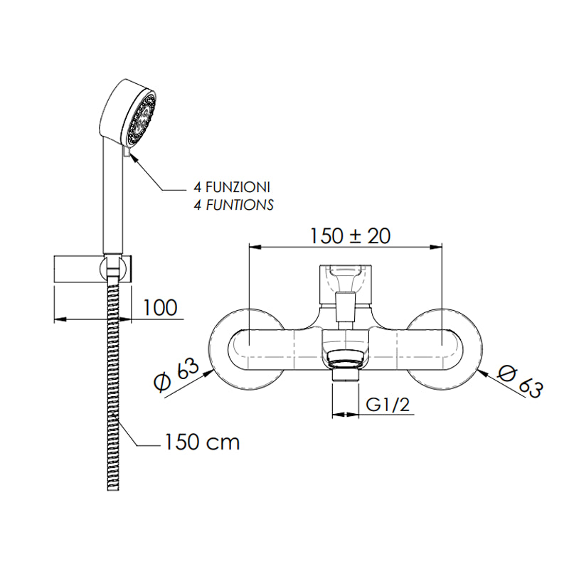 Rubinetto vasca esterno con kit doccia anticalcare a 4 funzioni - serie winner