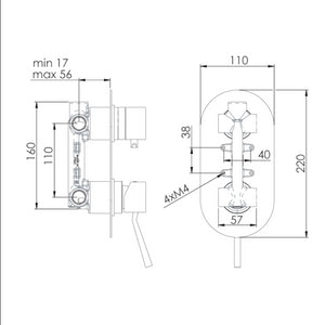 Rubinetto doccia a tre vie e sette posizioni su unica piastra serie minimal