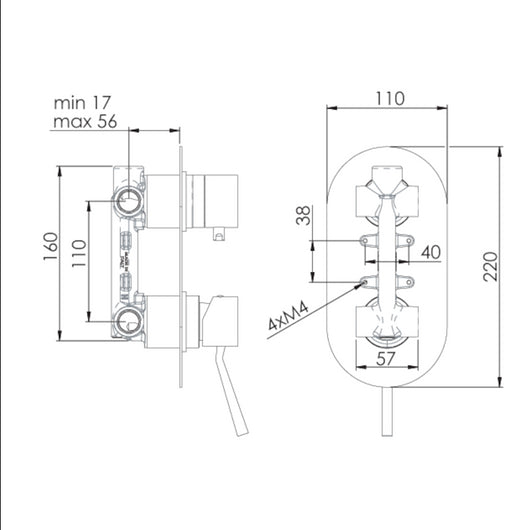Rubinetto doccia a tre vie e sette posizioni su unica piastra serie minimal