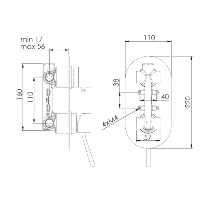 Rubinetto doccia a tre vie e sette posizioni su unica piastra serie minimal