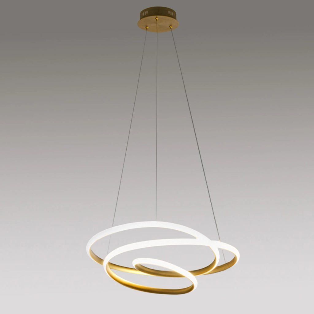 Diva - Lampada a sospensione led 80W dimmerabile - Design moderno in alluminio oro spazzolato, luce calda 3000K, anelli intrecciati d.85cm