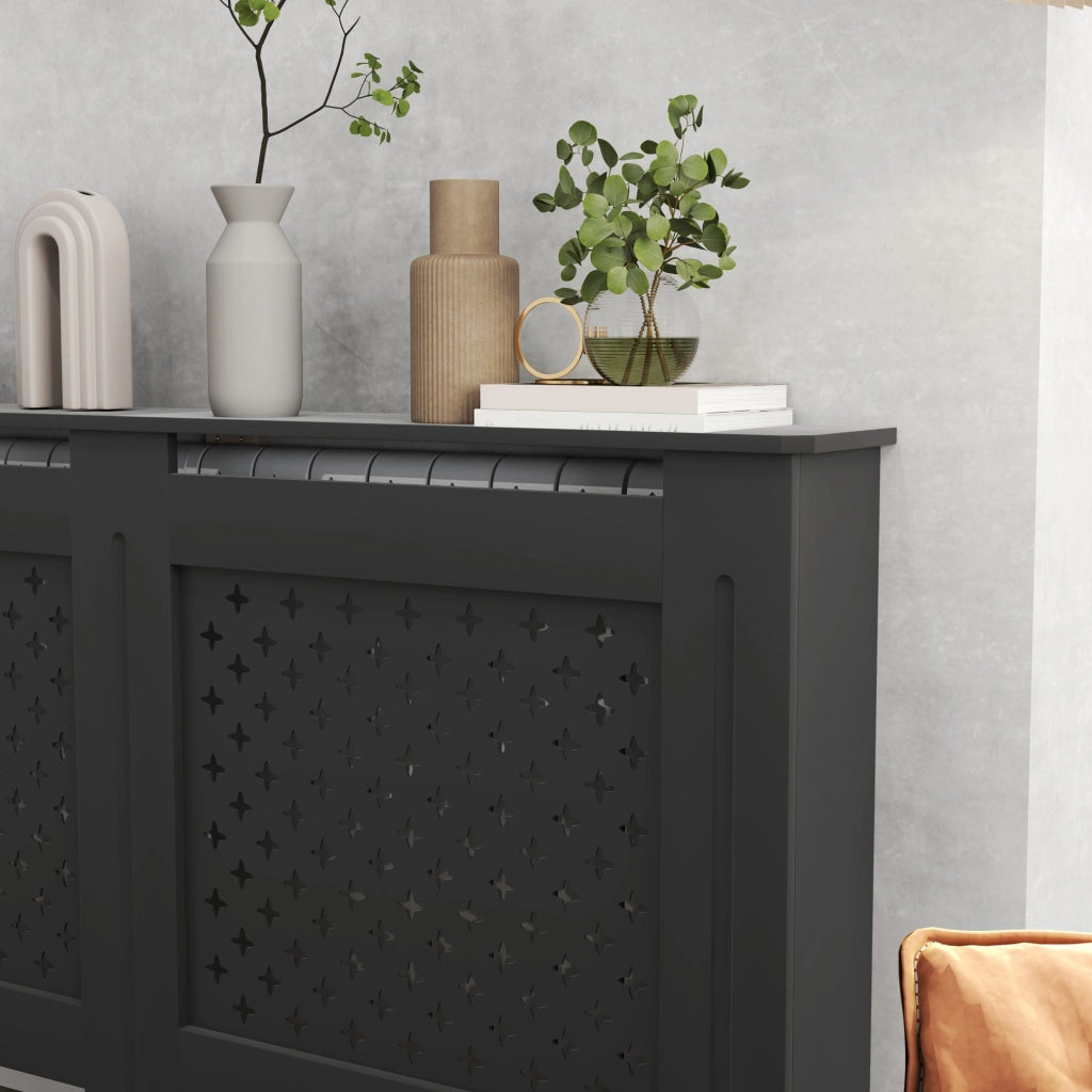 Copritermosifone Traforato a Croce con Ripiano e Fissaggio a Muro 152x19x82 cm in Legno MDF Nero