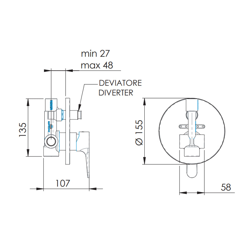 Rubinetto monocomando da incasso con deviatore per vasca/doccia - serie winner