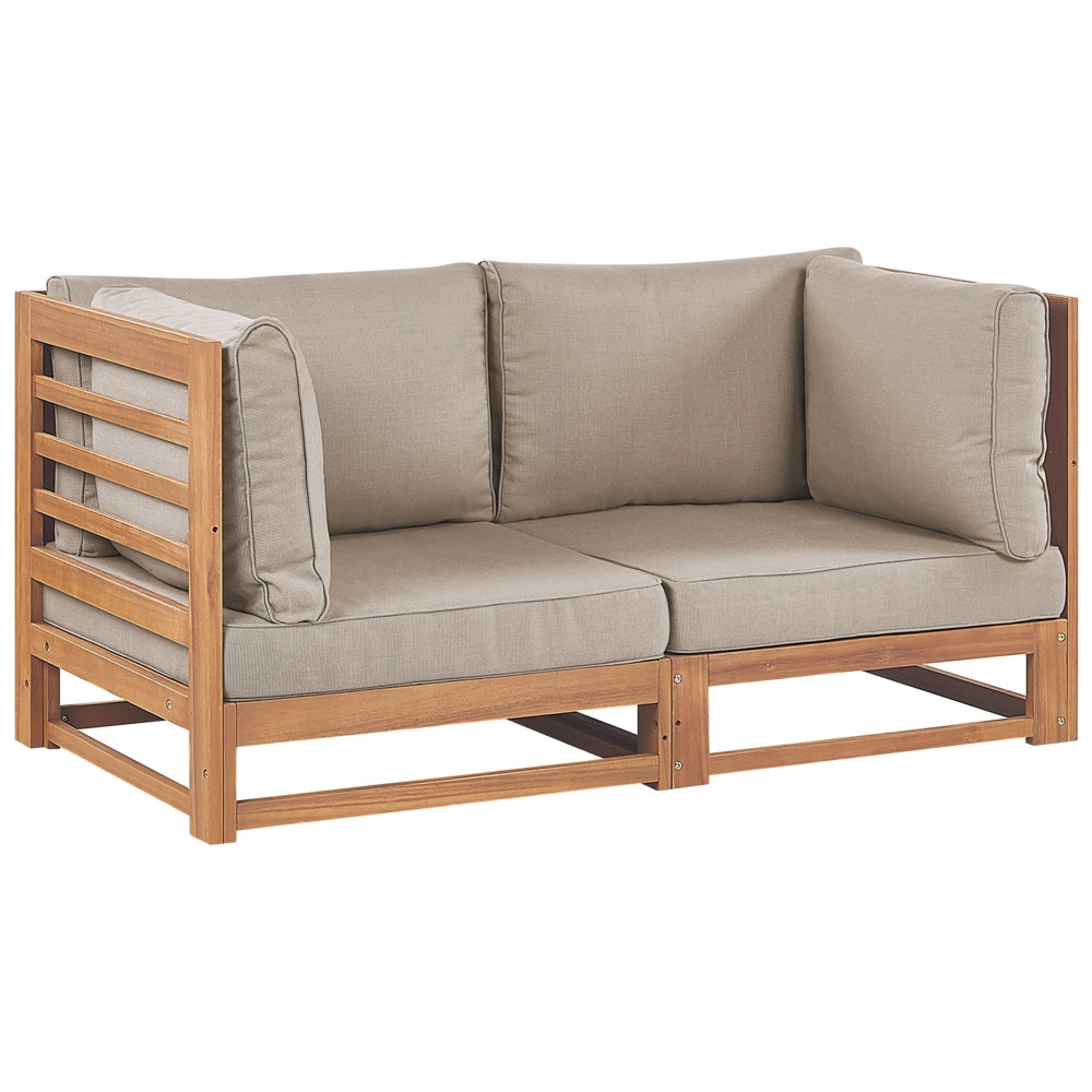 Divano da giardino a 2 posti per esterni in legno certificato di acacia chiaro con cuscini tortora moderno elegante esterno